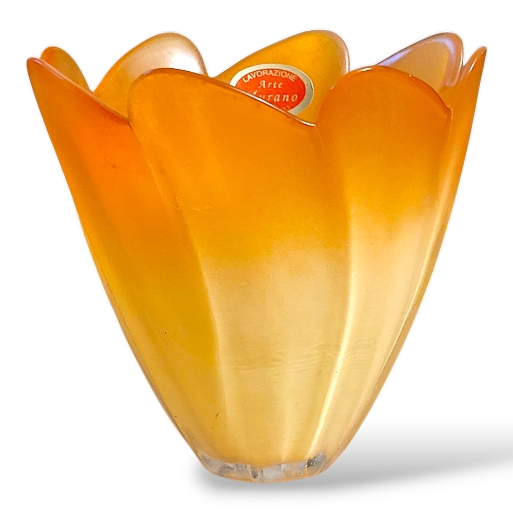 Murano Vintage Orange Glass Art Vase with Petal Design